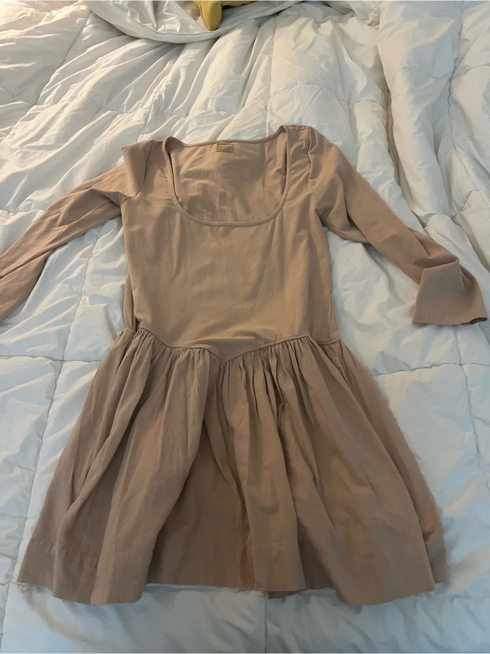 Free People Long Sleeve Scoop Neck Gathered Skirt Dress in Blush Taupe